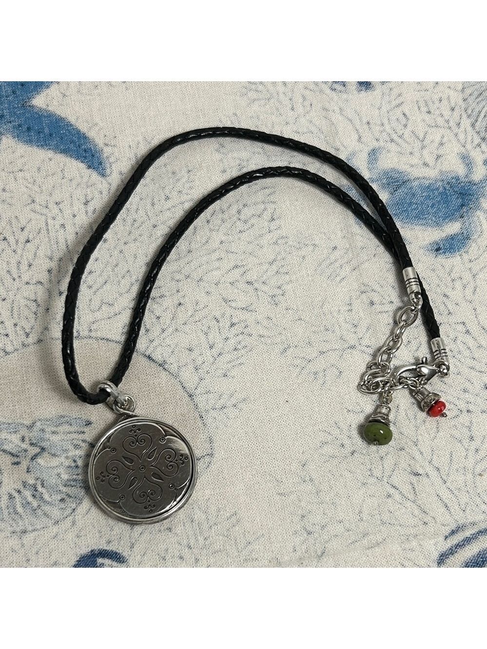 Brighton Pagoda Necklace Leather Cord Chain Silver Plated Red Green Medallion - Picture 9 of 13